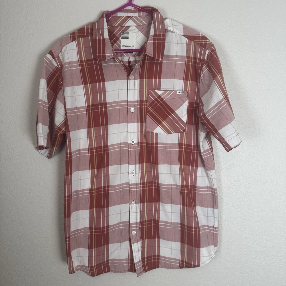 O'Neill Men's Button Down Shirt Large Red Plaid Short Sleeve Surf Beach Casual